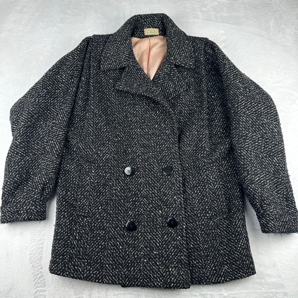Jill Jr Womens XL Gray Wool Tweed Pea Coat Double Breasted Vintage USA Made